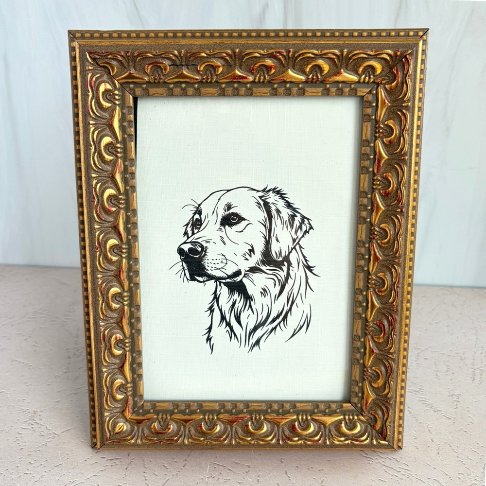 Vintage Ornate Gold Picture Frame with Golden Retriever Dog Art 4x6 Portrait